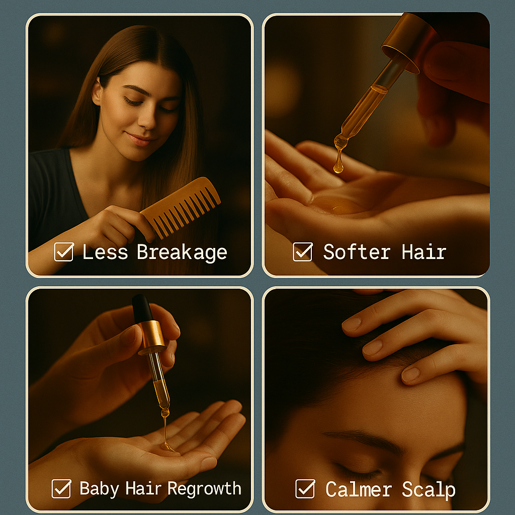 Visual showing hair care benefits like less breakage and calmer scalp in 14 days